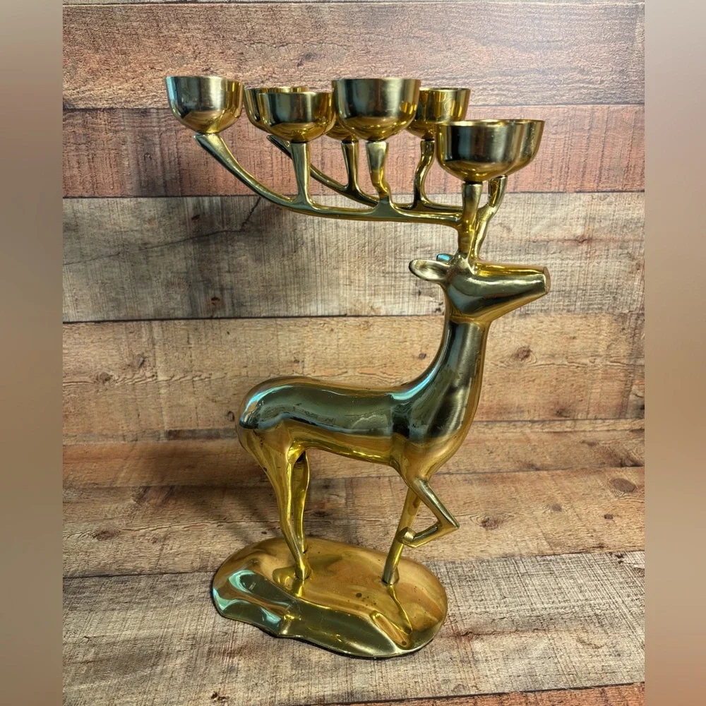 Vintage Large Tall 14.5” Brass Deer Reindeer Votive 8 Candle Holders MCM Holiday